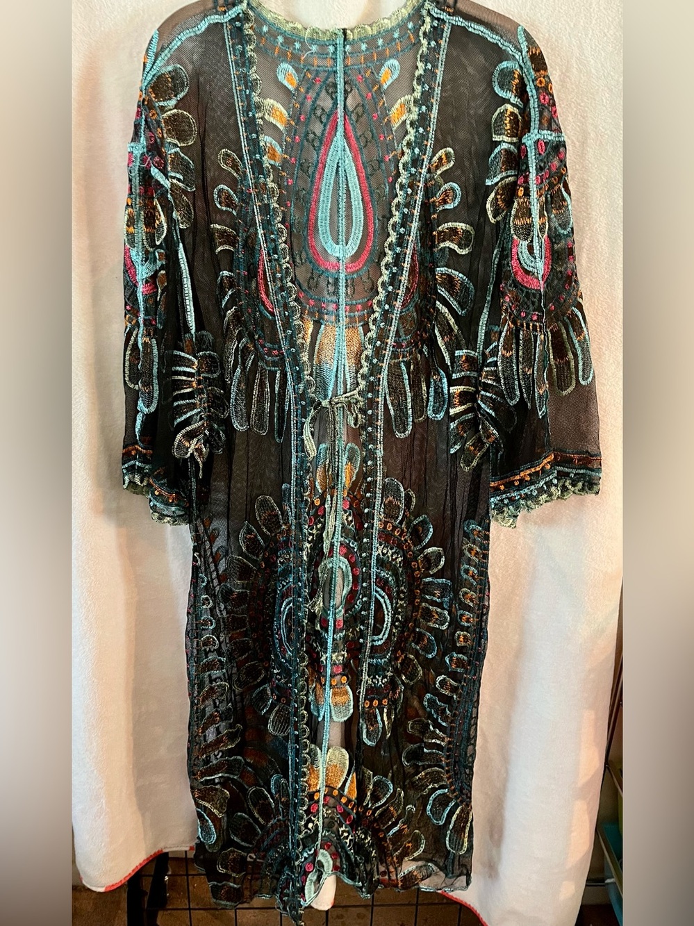 Embroidered Sheer Black Boho Duster with Teal & Pink Accents
